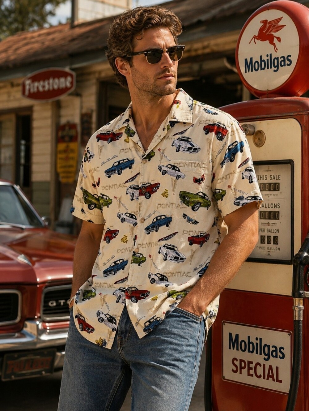 GM By David Carey Pontiac Camp Shirt Mens Medium Beige Car Print Retro NASCAR